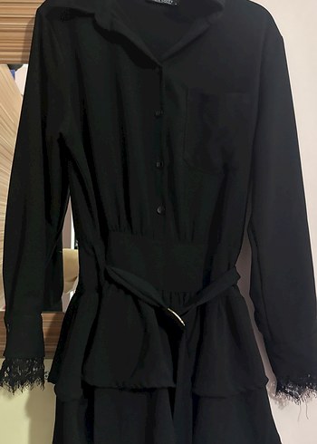Kemerli Siyah Uzun Kollu Kadın Gömlek elbise - Görsel 2