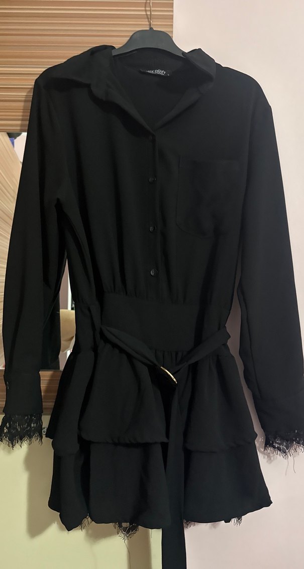 Kemerli Siyah Uzun Kollu Kadın Gömlek elbise - Görsel 2