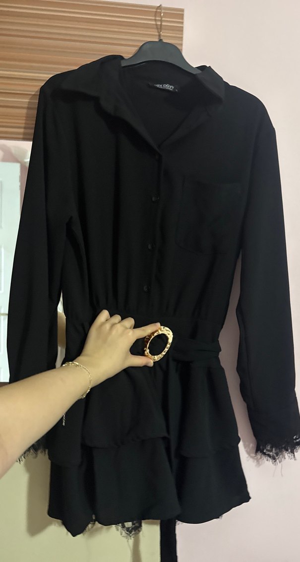 Kemerli Siyah Uzun Kollu Kadın Gömlek elbise - Görsel 3