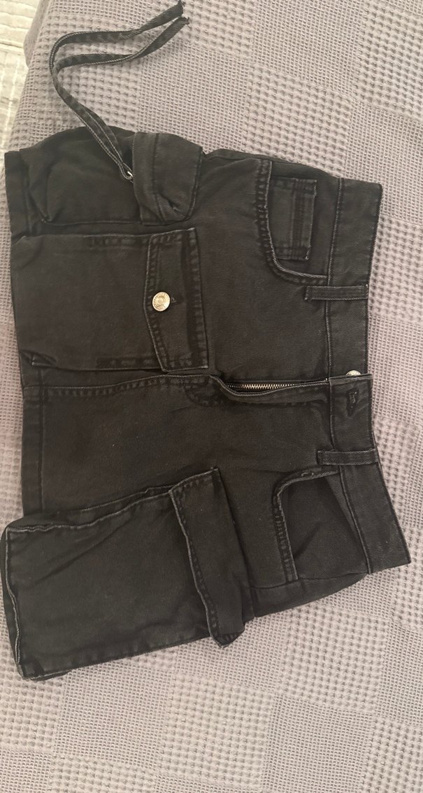 Düğmeli Siyah Denim Mini Etek - Görsel 4