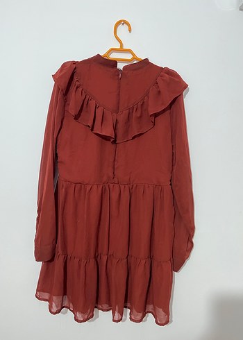 Kiremit Uzun Kollu Fırfırlı Midi Elbise - Görsel 2