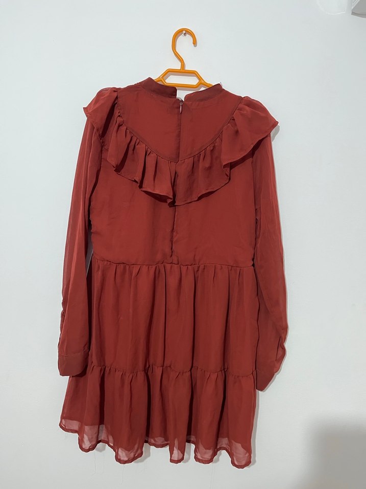 Kiremit Uzun Kollu Fırfırlı Midi Elbise - Görsel 2