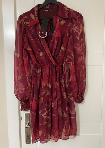 Bordo V Yakalı Şifon Midi Elbise - Görsel 2