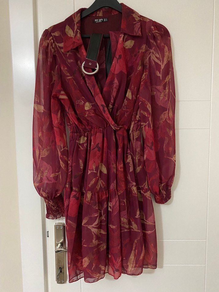 Bordo V Yakalı Şifon Midi Elbise - Görsel 2