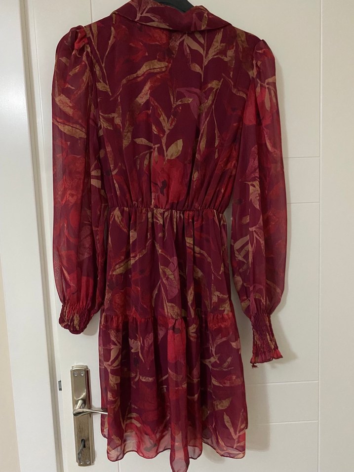 Bordo V Yakalı Şifon Midi Elbise - Görsel 3