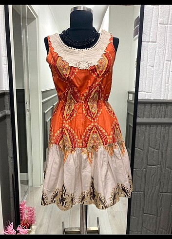 38 Beden otantik/etnik turuncu yazlık kısa elbise