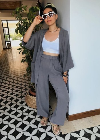 4'lü salaş kimono takımı keten kumaş - Görsel 7