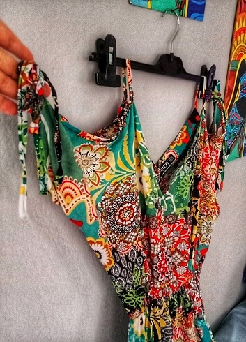 American Vintage etnik otantik kol dekolteli kısa elbise
