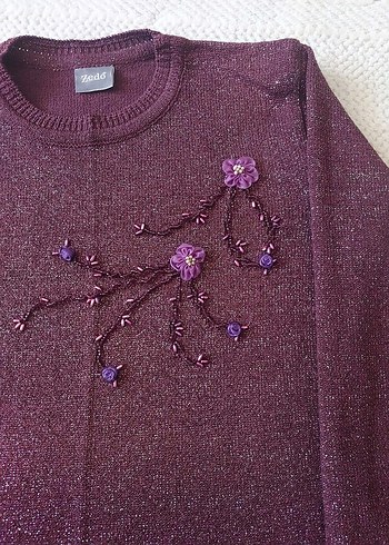Mor Nakışlı Bohem Kadın Triko Kazak - Görsel 11