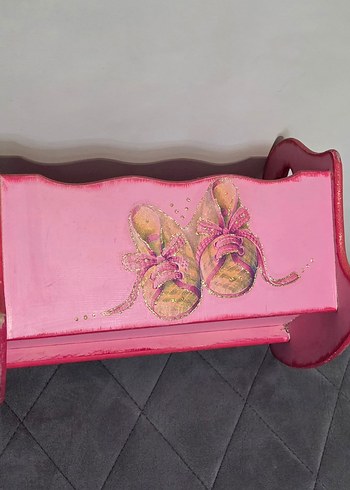 Pastel Pembe Ahşap Bebek Beşiği (Oyuncak) - Görsel 2