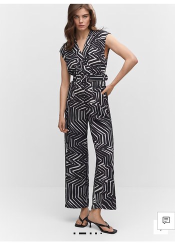 Siyah Gri Zebra Desenli Kemerli Kadın Tulum - Görsel 2