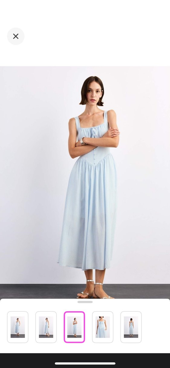 Mavi Çizgili Pamuklu Uzun Elbise - Görsel 4