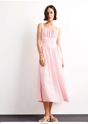 Pembe Çizgili Midi Pamuk Elbise - Görsel 3