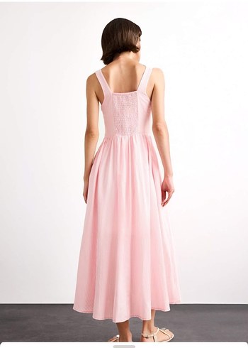 Pembe Çizgili Midi Pamuk Elbise - Görsel 4