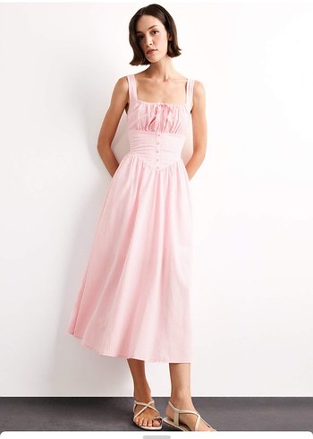 Pembe Çizgili Midi Pamuk Elbise - Görsel 2