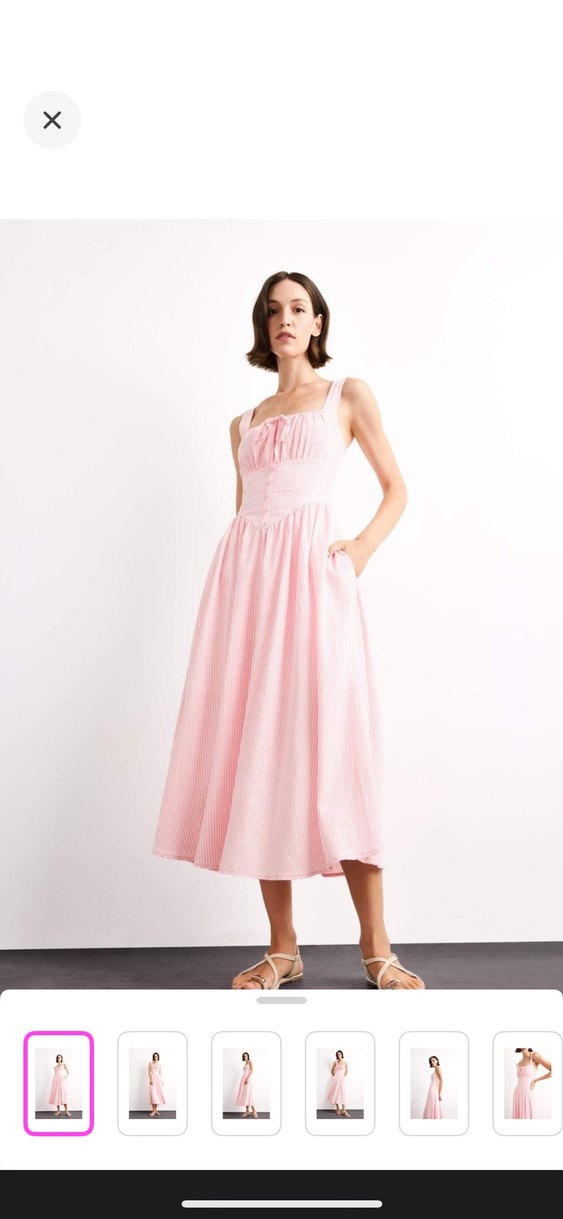 Pembe Çizgili Midi Pamuk Elbise - Görsel 5