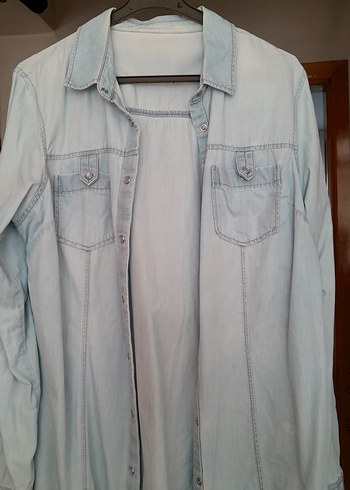 Düğmeli Uzun Mavi Kot Ceket - Görsel 2