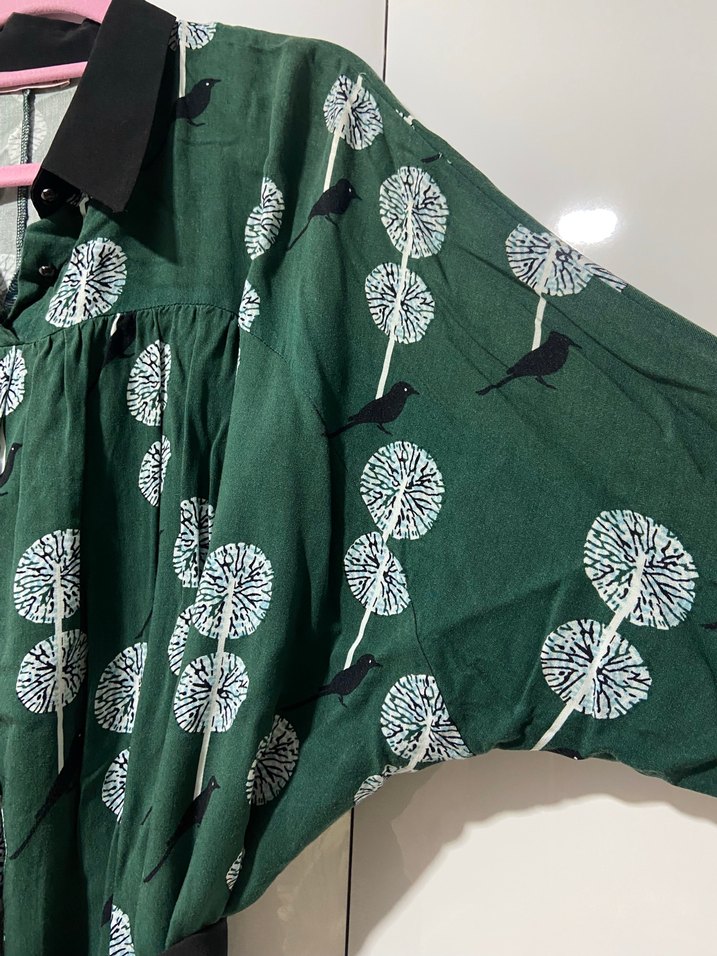 Uzun Kollu Yeşil Baskılı Kadın Elbise - Görsel 4