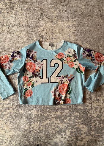 Çiçek Baskılı Mavi Kız Uzun Kollu Tişört - Görsel 2