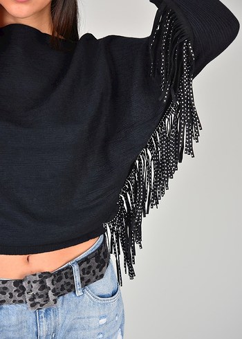 Siyah Örgü Kadın Kazak, Uzun Kollu, Salaş - Görsel 7