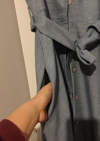 Gri Kemerli Keten Uzun Elbise - Görsel 2