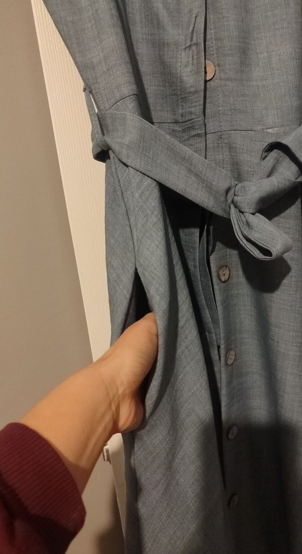 Gri Kemerli Keten Uzun Elbise - Görsel 2