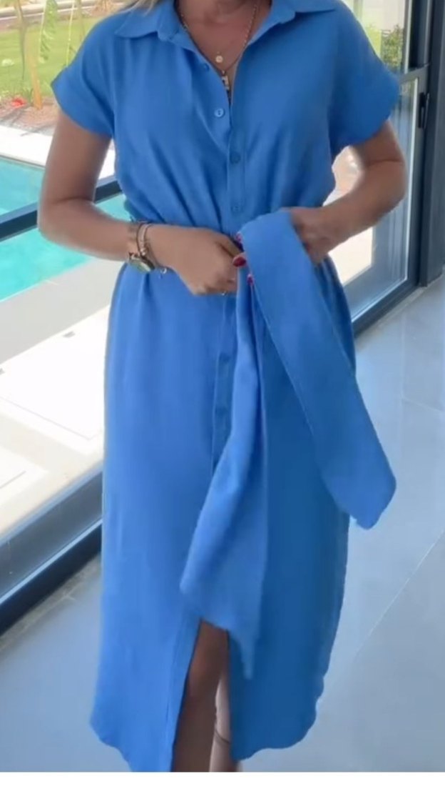 Mavi V Yakalı Kemerli Uzun Elbise - Görsel 2