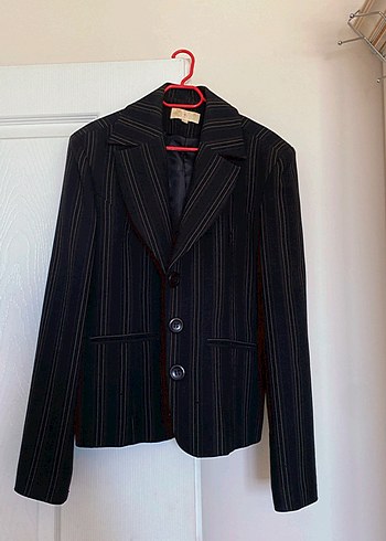 Düğmeli Siyah Çizgili Kadın Blazer Ceket