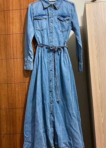 Uzun Kol Denim Elbise ve Kemerli
