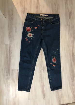 40 Beden mavi Renk Nakışlı Mom Jean