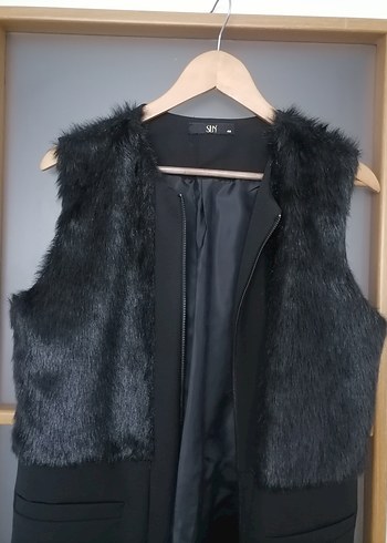 Kürk Detaylı Siyah Uzun Kadın Yelek - Görsel 2