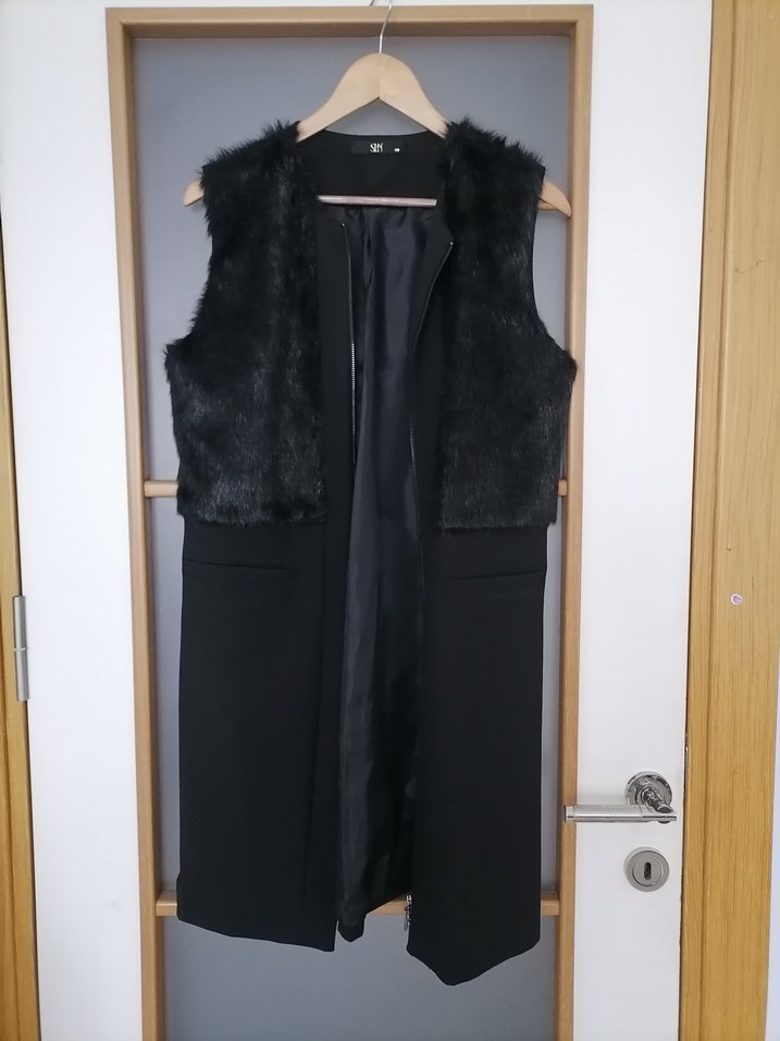 Kürk Detaylı Siyah Uzun Kadın Yelek - Görsel 5