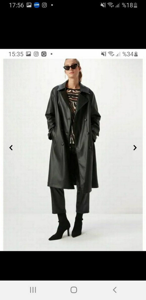 Kadın Siyah Deri Kemerli Uzun Trençkot - Görsel 2