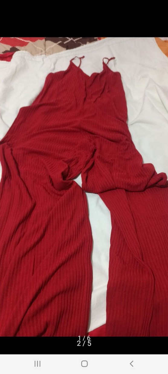 Kırmızı V Yakalı Uzun Salaş Elbise tulum - Görsel 3