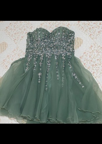 Yeşil Payetli Nakış İşlemeli Straplez Kısa Abiye - Görsel 2