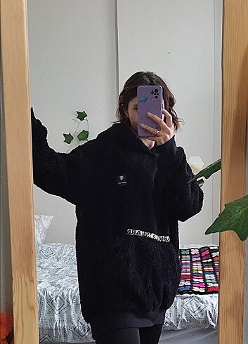 oversize teddy yünlü sweatshirt şapkalı siyah 