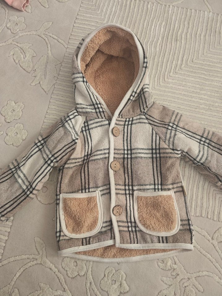 Kahverengi Kapüşonlu Ekose unisex Çocuk Kaban - Görsel 3