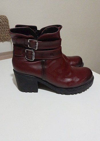 Bordo suni Deri Tokalı Kadın Biker Bot