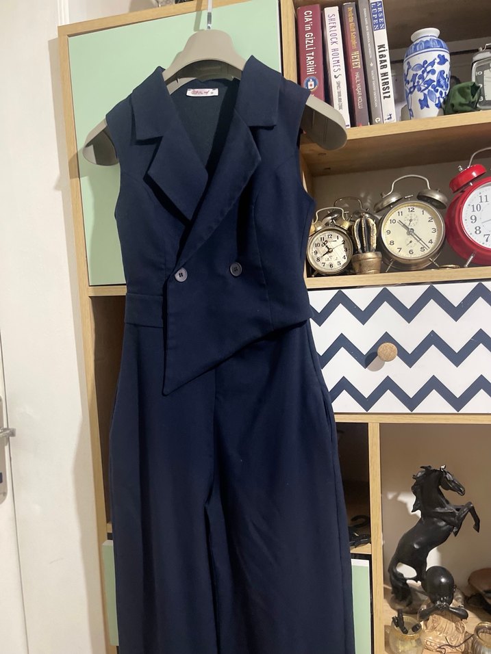 Kadın Lacivert Uzun Tulum, Kolsuz, Düğmeli - Görsel 5