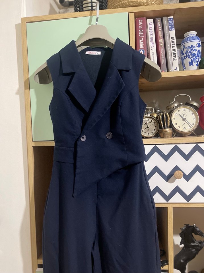 Kadın Lacivert Uzun Tulum, Kolsuz, Düğmeli - Görsel 4