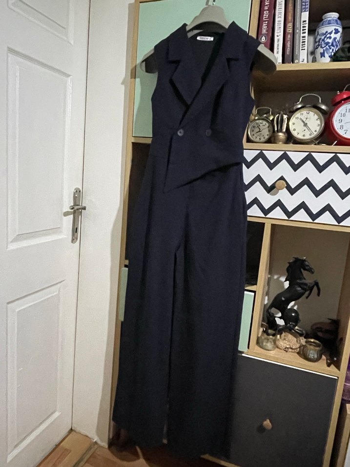 Kadın Lacivert Uzun Tulum, Kolsuz, Düğmeli - Görsel 3