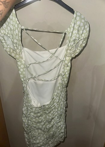 Yeşil V Yaka Drapeli mini sırt dekolteli ipli Elbise - Görsel 2