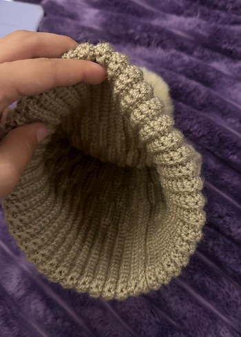 Ponponlu Koyu Bej Örgü Kadın Bere - Görsel 3