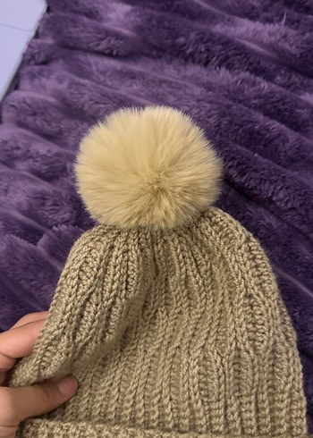 Ponponlu Koyu Bej Örgü Kadın Bere - Görsel 2