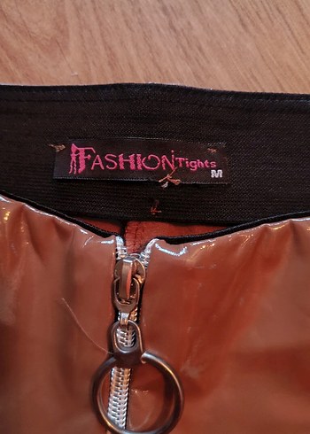 Kadın Parlak Kahverengi Deri Fermuarlı Tayt - Görsel 2