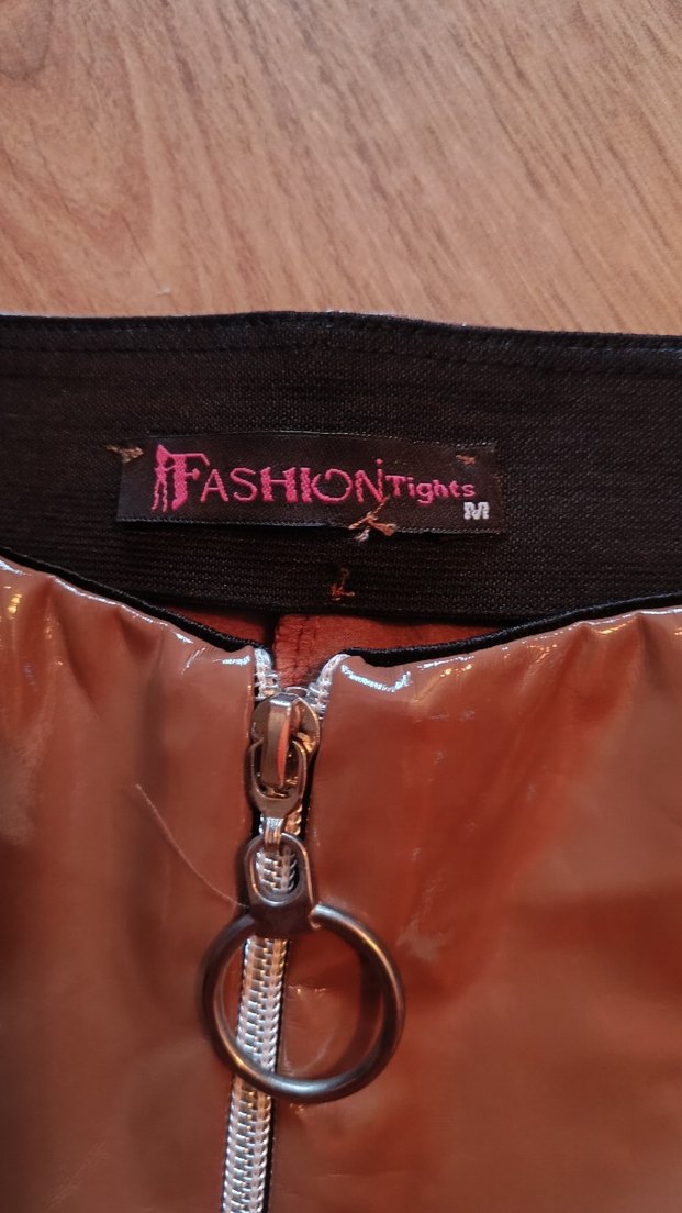 Kadın Parlak Kahverengi Deri Fermuarlı Tayt - Görsel 2