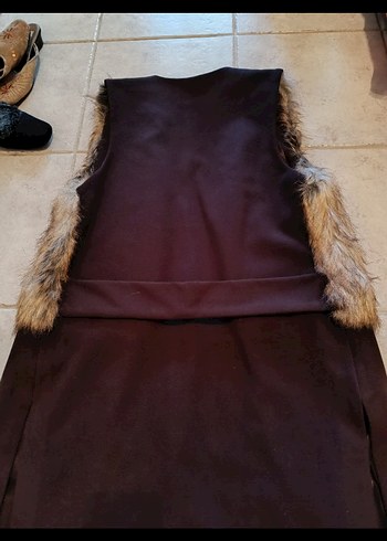 Kürk Detaylı Uzun kaşe kumaş Kadın Yelek - Görsel 8