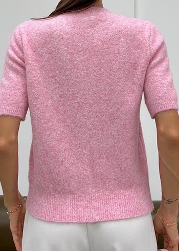 Düğmeli Pembe Kısa Kollu Kadın Hırka - Görsel 3