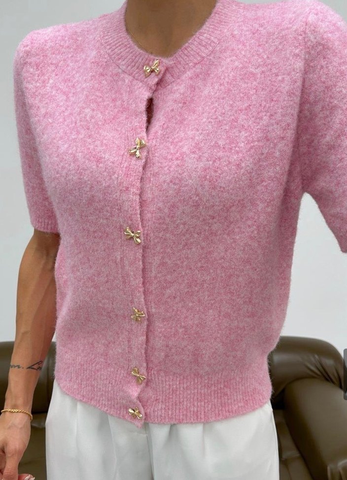 Düğmeli Pembe Kısa Kollu Kadın Hırka - Görsel 4