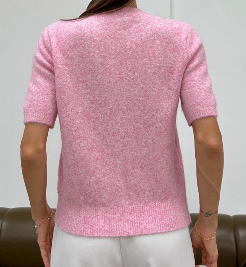 Düğmeli Pembe Kısa Kollu Kadın Hırka - Görsel 3